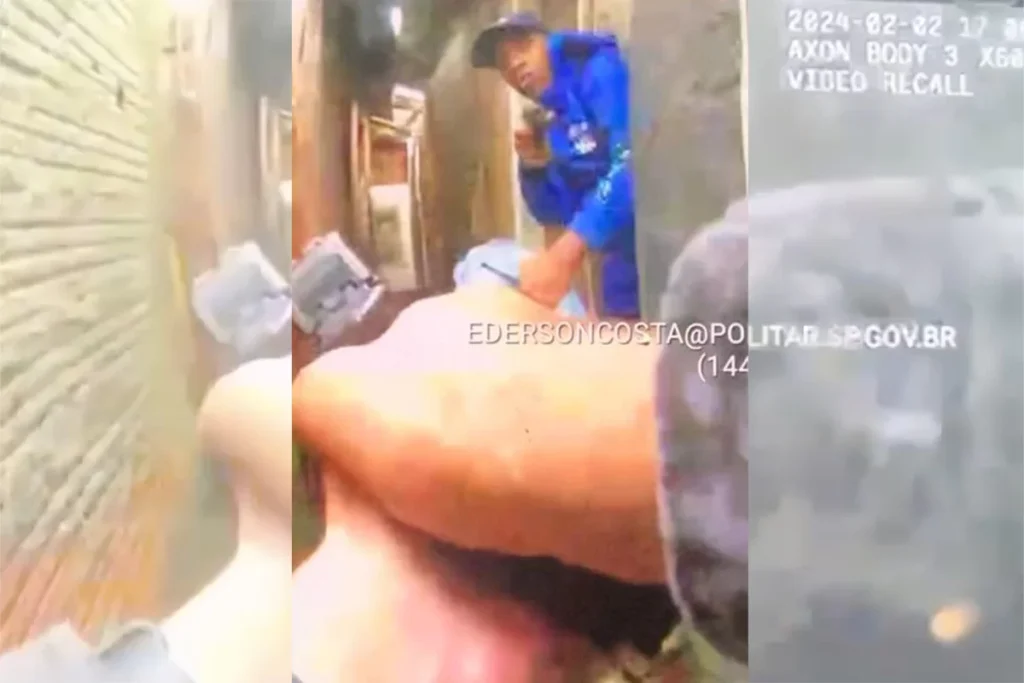 A câmera corporal registrou o momento em que um policial militar foi atingido por um disparo no rosto em Santos, resultando em sua morte. O soldado da Rota estava filmando quando o crime ocorreu