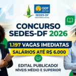 Concurso SEDES-DF 2026: Edital publicado com 1.197 vagas e salários de até R$ 6 mil