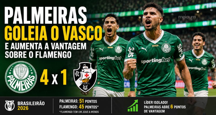Palmeiras goleia o Vasco por 4 a 1 e amplia vantagem sobre o Flamengo na liderança do Brasileirão