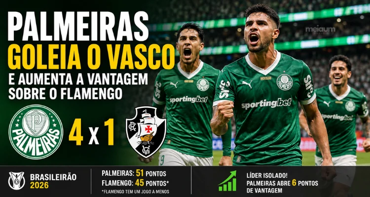 Palmeiras goleia o Vasco por 4 a 1 e amplia vantagem sobre o Flamengo na liderança do Brasileirão