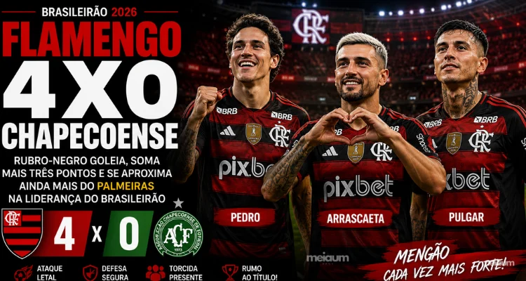 Flamengo goleia a Chapecoense por 4 a 0, encosta no Palmeiras e aquece a disputa pela liderança do Brasileirão